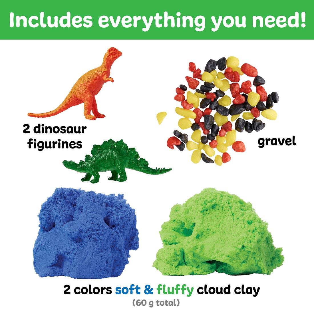 Contents of Sensory Minis: Dinosaurs, including 2 dinosaur figurines, colored gravel and cloud clay