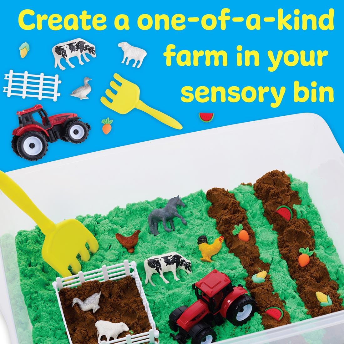 Farm Sensory Bin, showing open big with contents inside, plus the words: Create a one-of-a-kind farm in your sensory bin