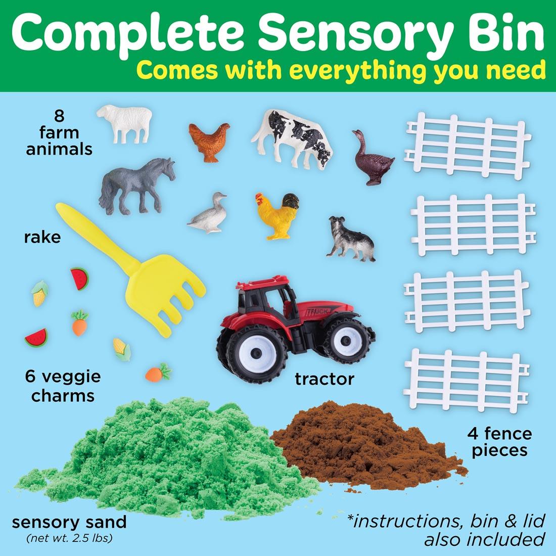 Contents of Farm Sensory Bin, including sensory sand, tractor, farm animal figurines, fence pieces and more