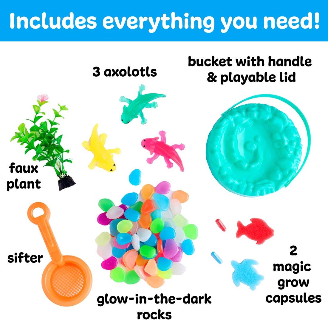 Contents of Axolotls Sensory Adventure Water Play set, including axolotl figurines, glow-in-the-dark rocks, grow capsules, sifter and more