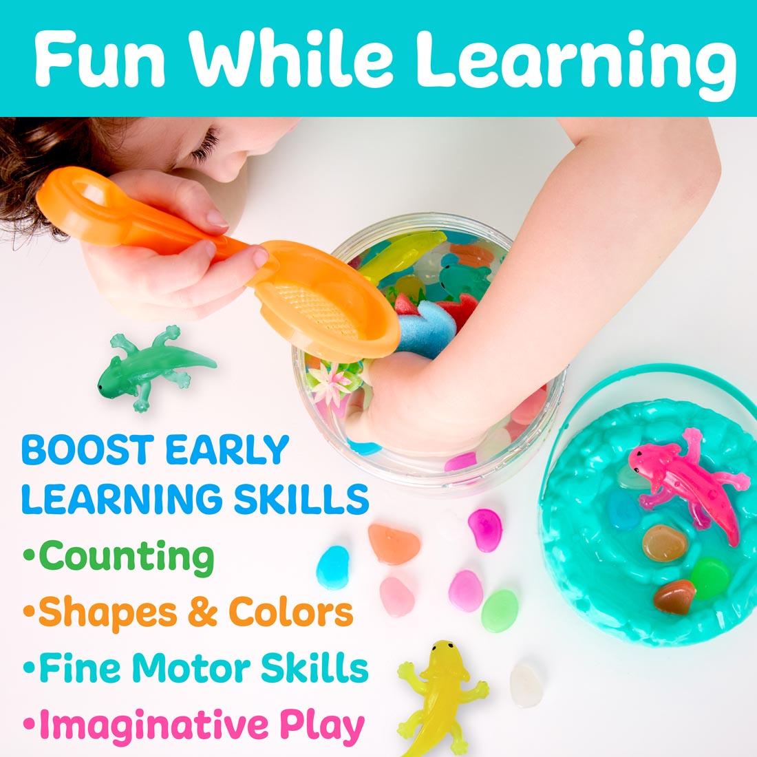 Child playing with Axolotls Sensory Adventure Water Play set, with the words: Fun While Learning; Boost Early Learning Skills - Counting, Shapes & Colors, Fine Motor Skills, Imaginative Play