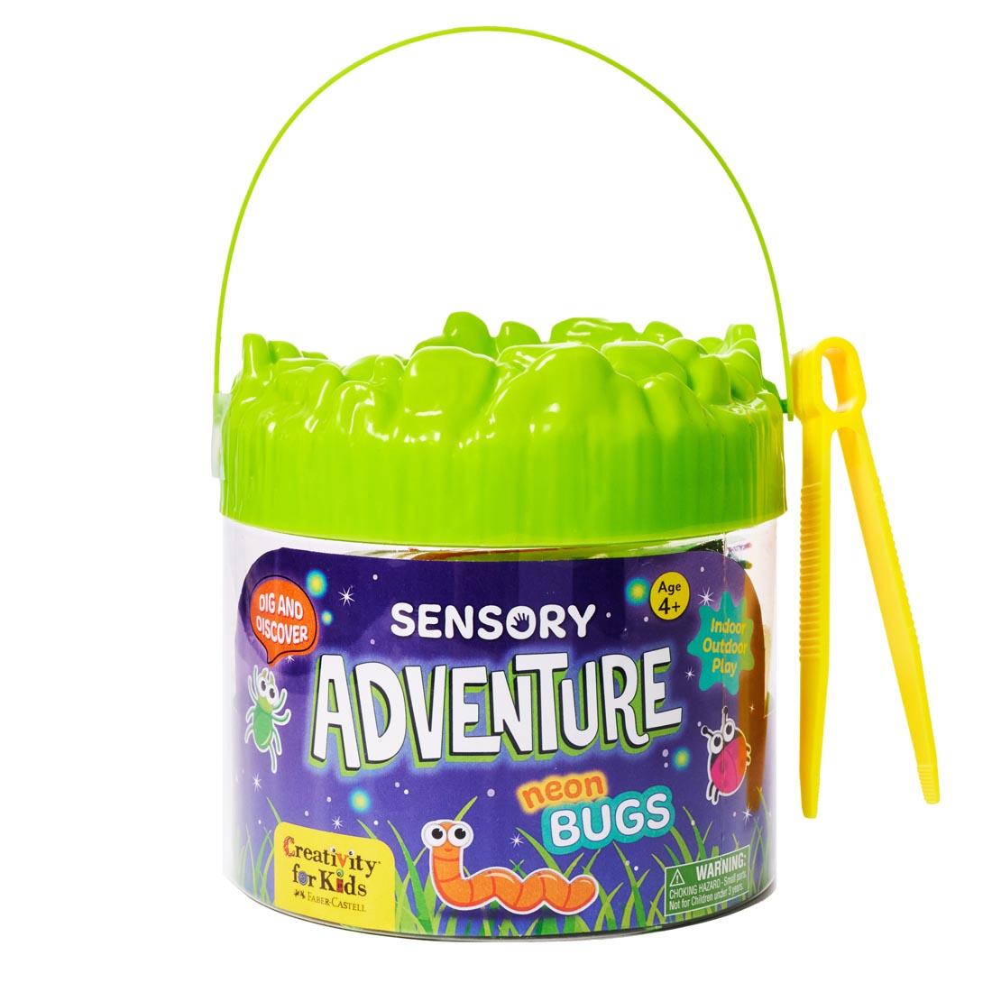 Neon Bugs Sensory Adventure set bucket, with plastic tweezers