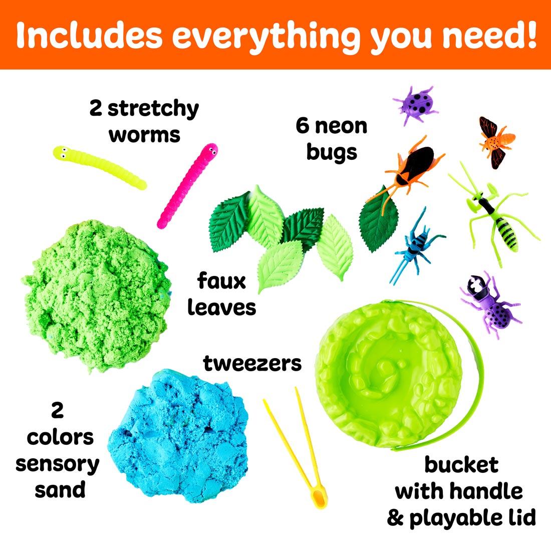 Contents of Neon Bugs Sensory Adventure set, including neon bug figurines, stretchy worms, sensory sand and more