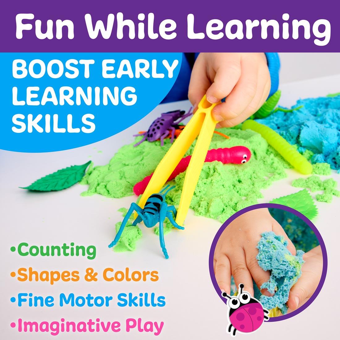 Hands playing with Neon Bugs Sensory Adventure set, with the words: Fun While Learning; Boost Early Learning Skills - Counting, Shapes & Colors, Fine Motor Skills, Imaginative Play