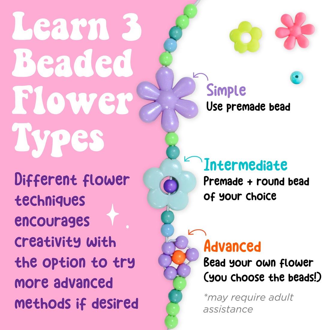 Assorted beads, with the words: Learn 3 Beaded Flower Types; Different flower techniques encourages creativity with the option to try more advanced methods if desired