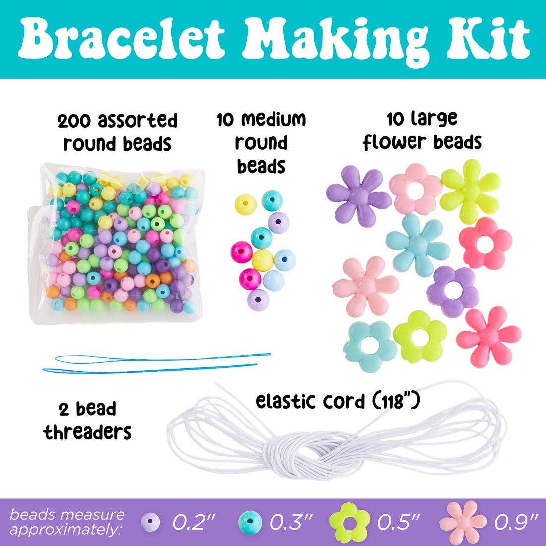 Contents of Beaded Flower Bracelets Craft Kit, including assorted beads, elastic cord and bead threaders
