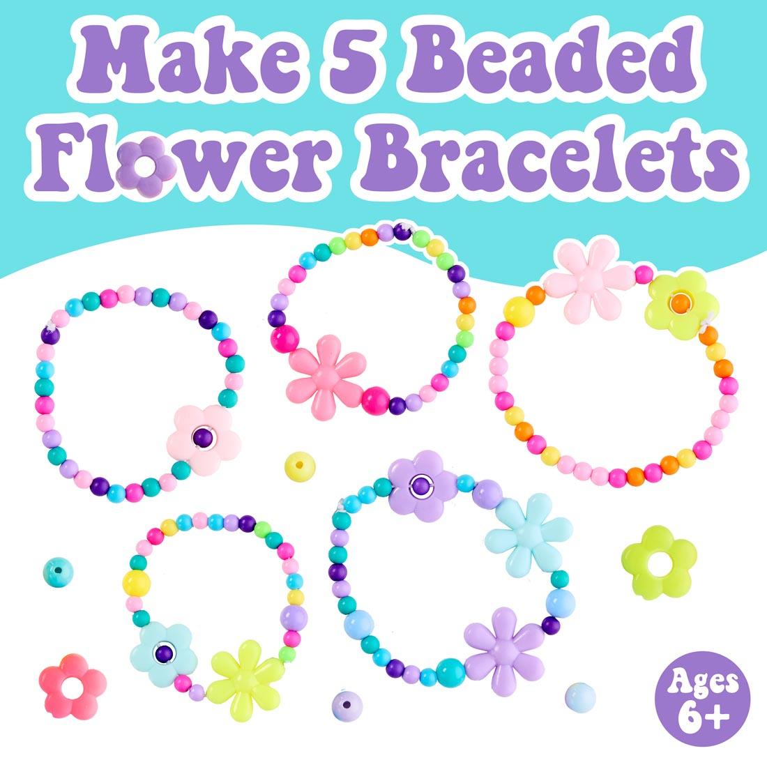 Sample beaded bracelets, with the words: Make 5 Beaded Flower Bracelets