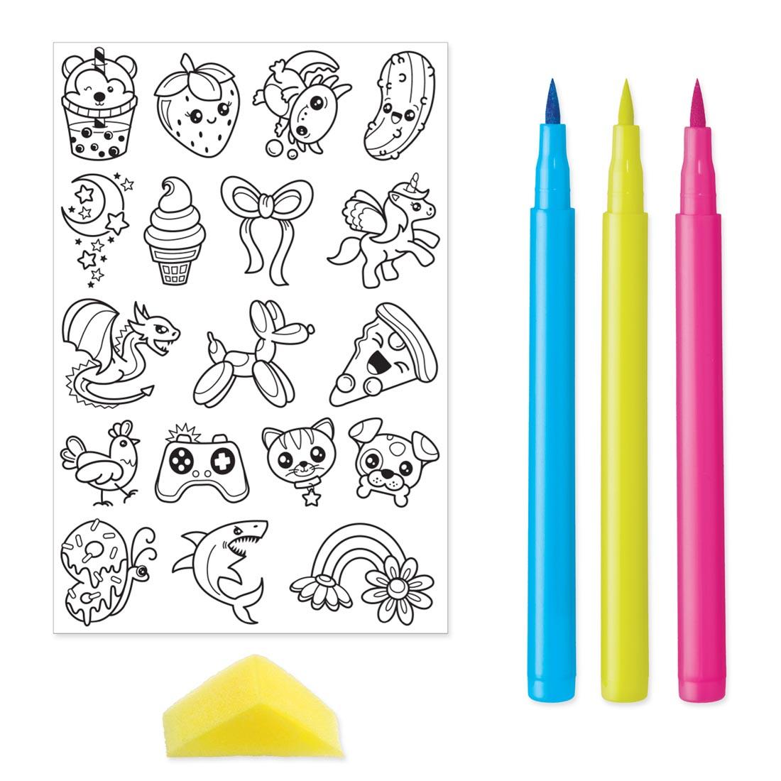 contents of Color-In Neon Tattoos activity kit, showing sticker sheet, 3 markers and sponge