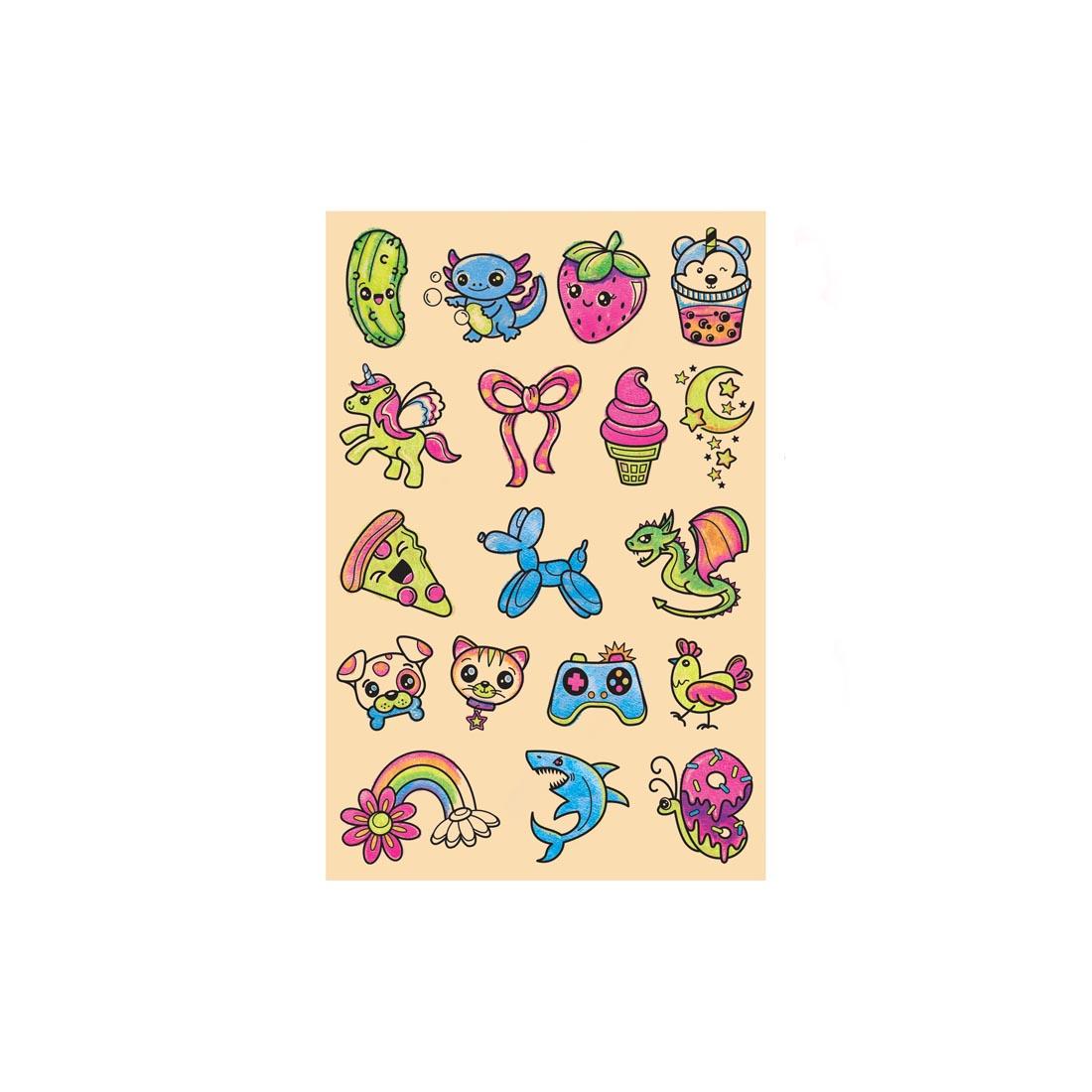sticker sheet from Color-In Neon Tattoos, with all stickers full of color