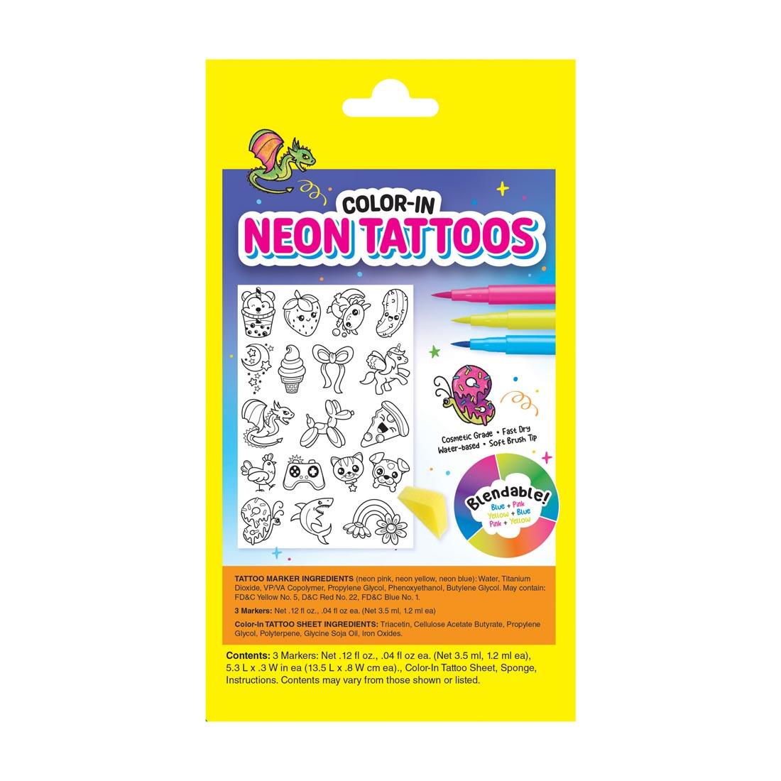 back of package of Color-In Neon Tattoos activity kit
