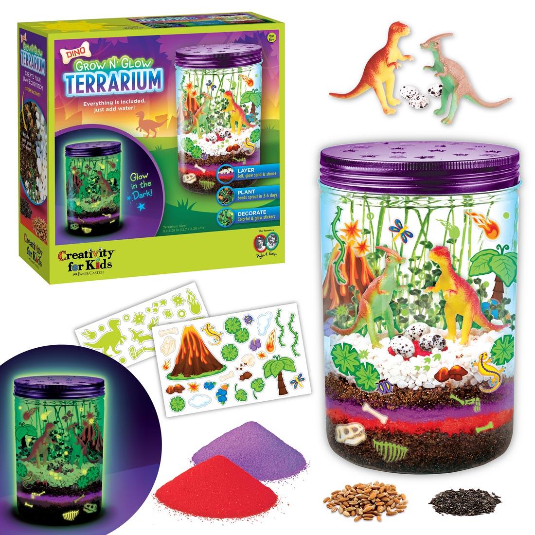 Grow N' Glow Dino Terrarium kit, showing box and contents of kit outside of box