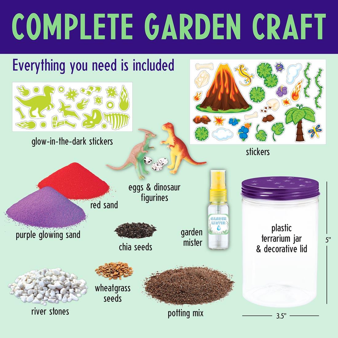 Contents of Grow N' Glow Dino Terrarium kit, including glow-in-the-dark stickers, dinosaur and egg figurines, terrarium jar, potting soil, seads, colored sand and more