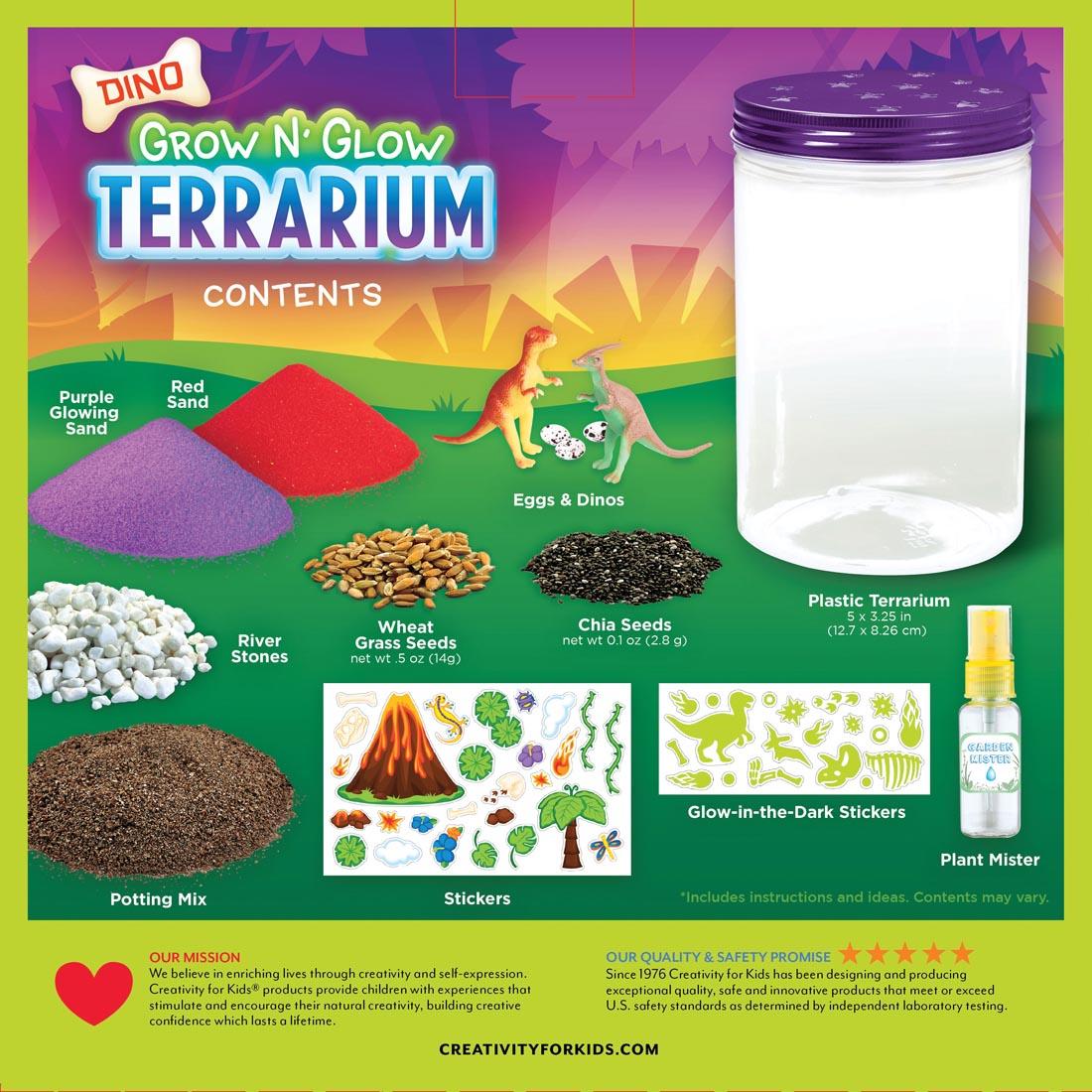 Grow N' Glow Dino Terrarium kit, showing back of package, which shows contents
