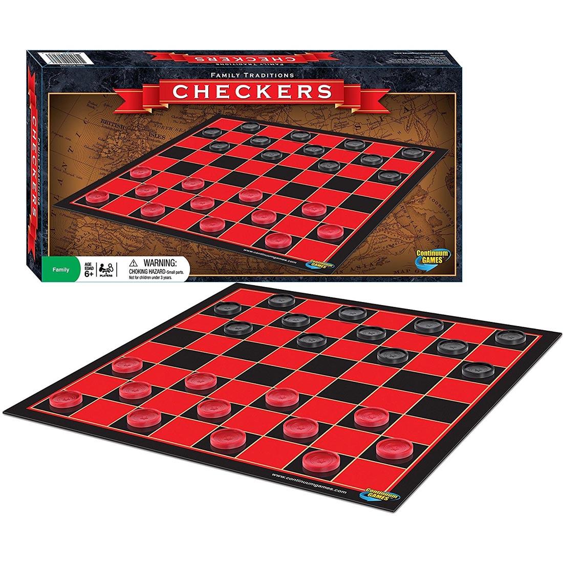 Checkers Board and pieces with their box behind them