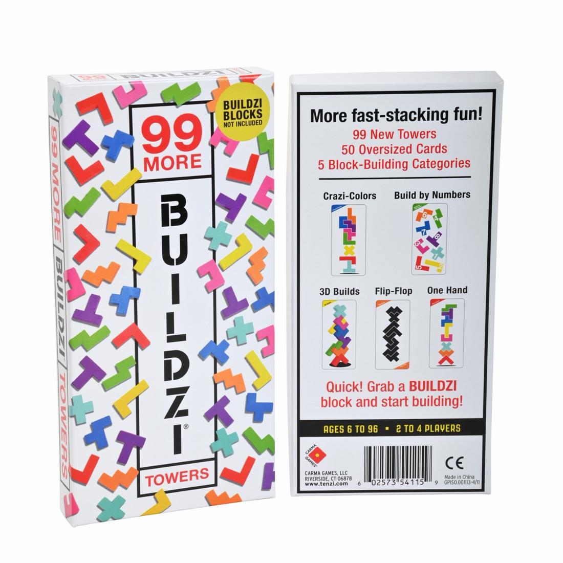front and back of package for 99 More Buildzi Towers Cards