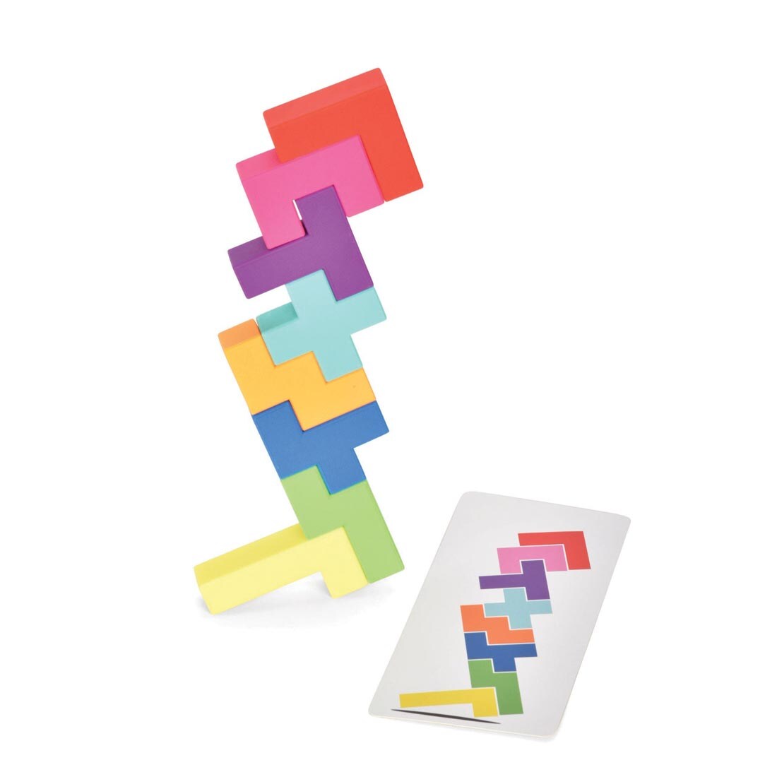 Example card and built structure from the Buildzi Stacking Game