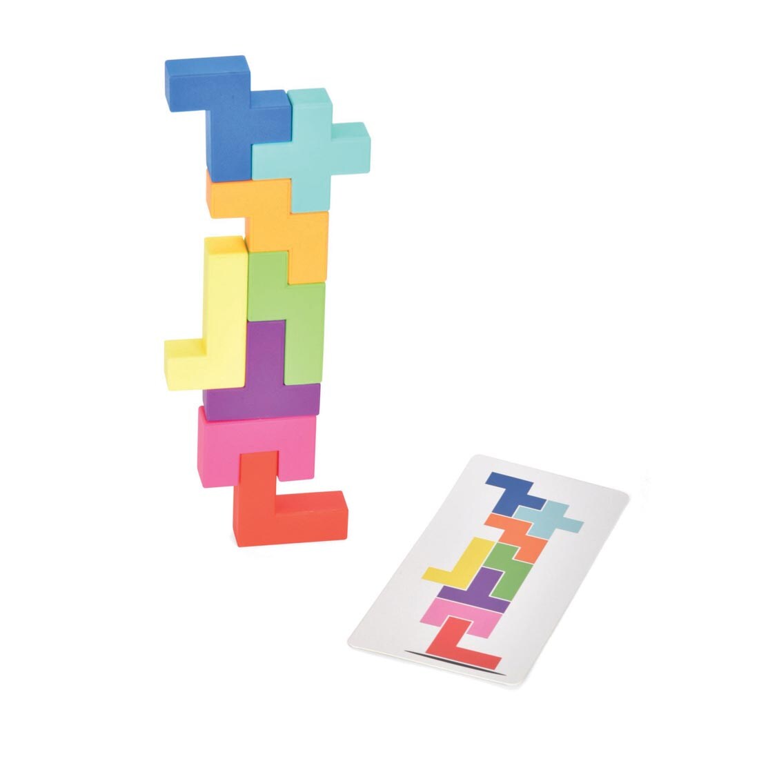 Example card and built structure from the Buildzi Stacking Game