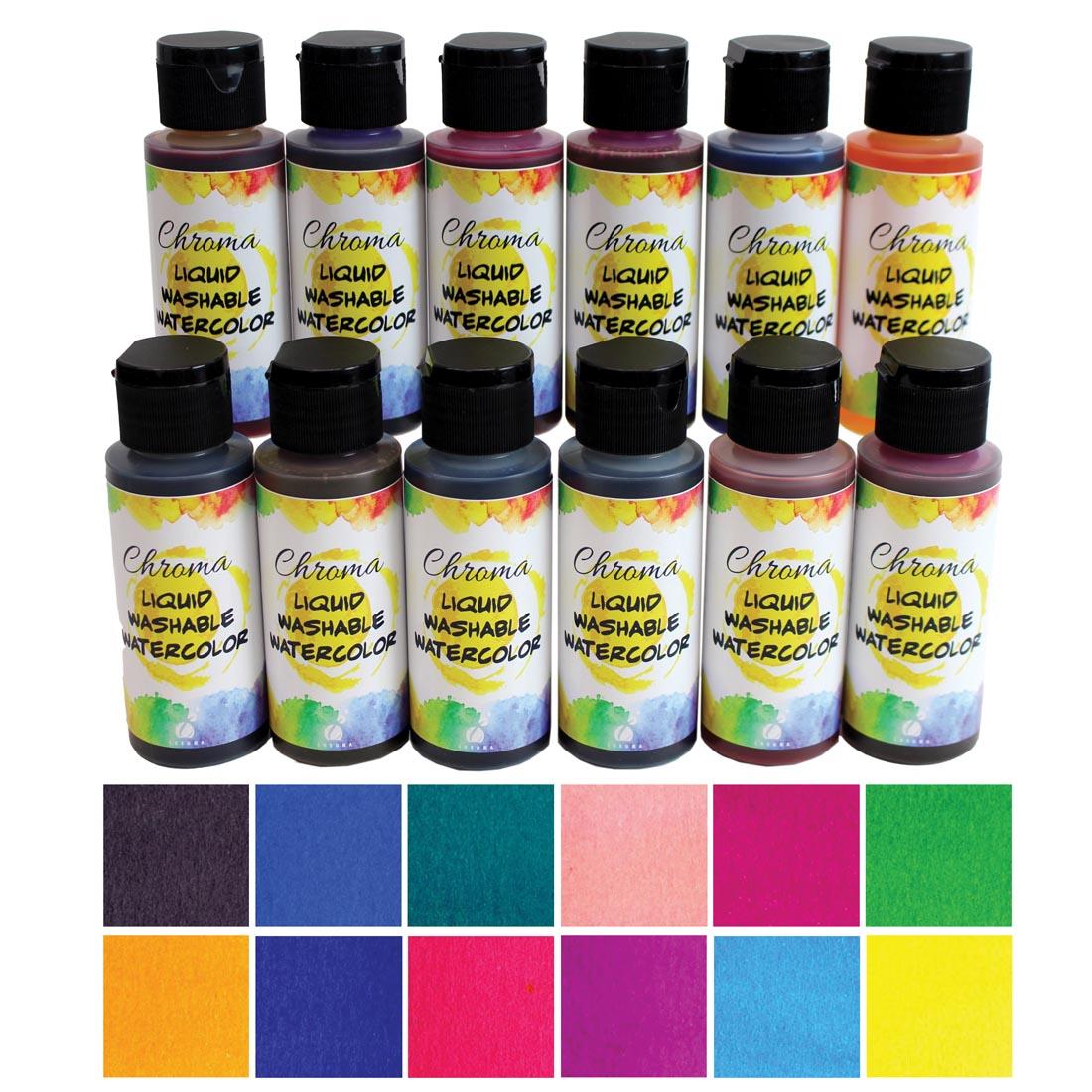 bottles of the Chroma Liquid Washable Watercolor 12-Color Set with color swatches below