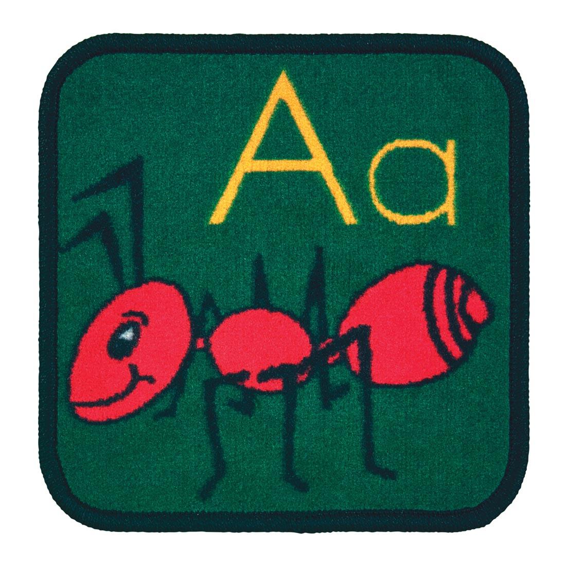 Sample from the ABC Phonic Rug Squares by Carpets For Kids, showing the letter A plus an Ant