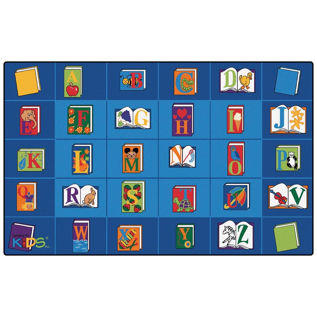 Each letter of the alphabet is written on a book cover on this Rectangle Rug by Carpets For Kids