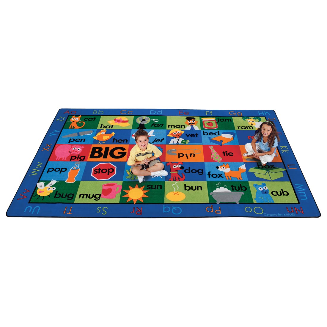 Children sitting on the Rhyme Time Rug by Carpets For Kids