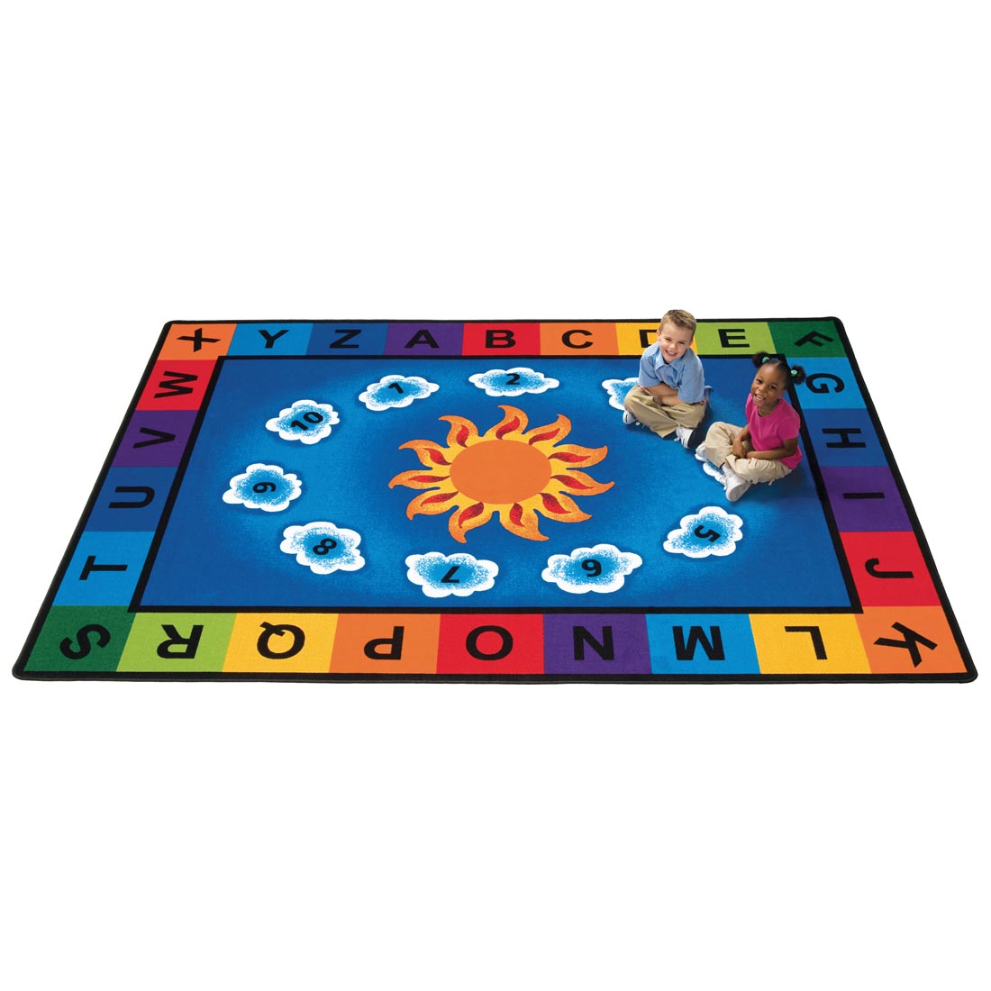 Children sitting on the Sunny Day Learn & Play Rectangle Rug by Carpets For Kids
