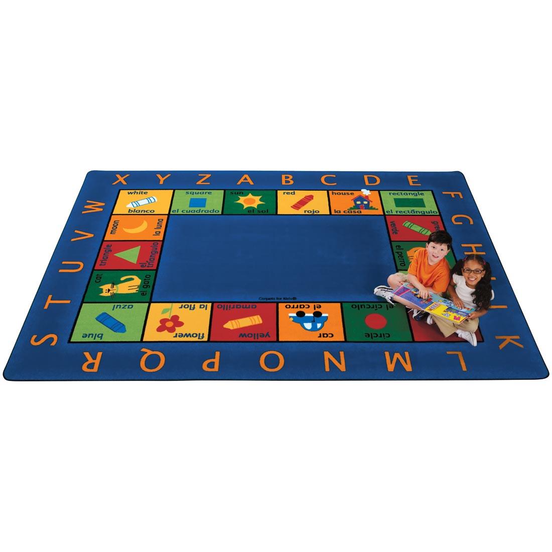 Bilingual Circle Time Rectangle Rug by Carpets For Kids with 2 children sitting on the rug, looking at a book