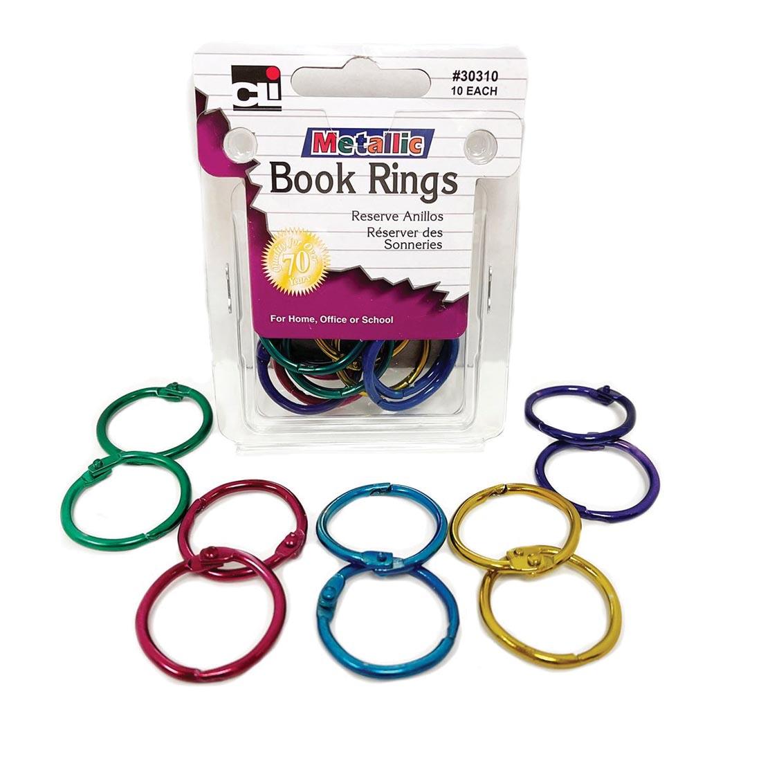 package of 1" Metallic Book Rings By Charles Leonard with 10 book rings surrounding it