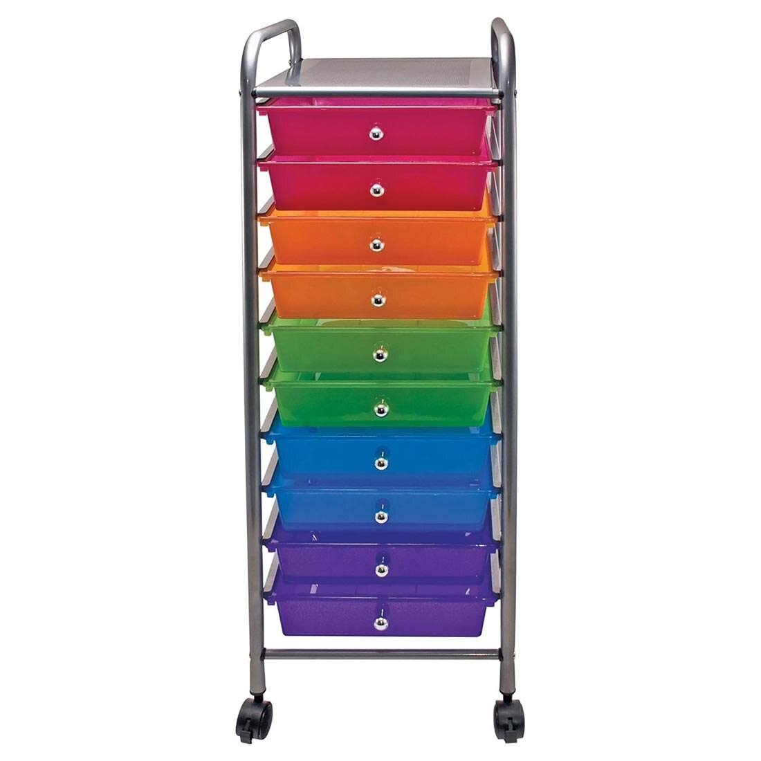 Rolling Cart with 10 drawers in 5 assorted, bright colors; shown from the front