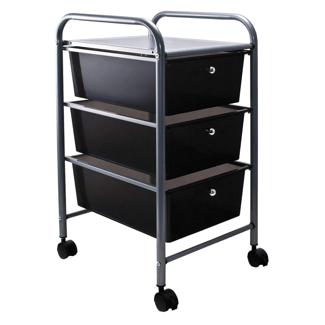 rolling cart with 3 drawers; drawers are smoke gray