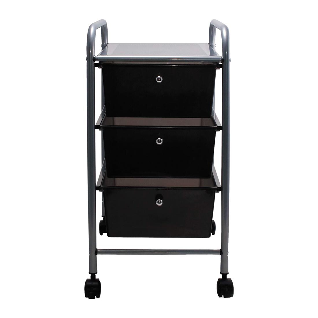rolling cart with 3 drawers; shown from the front; drawers are smoke gray