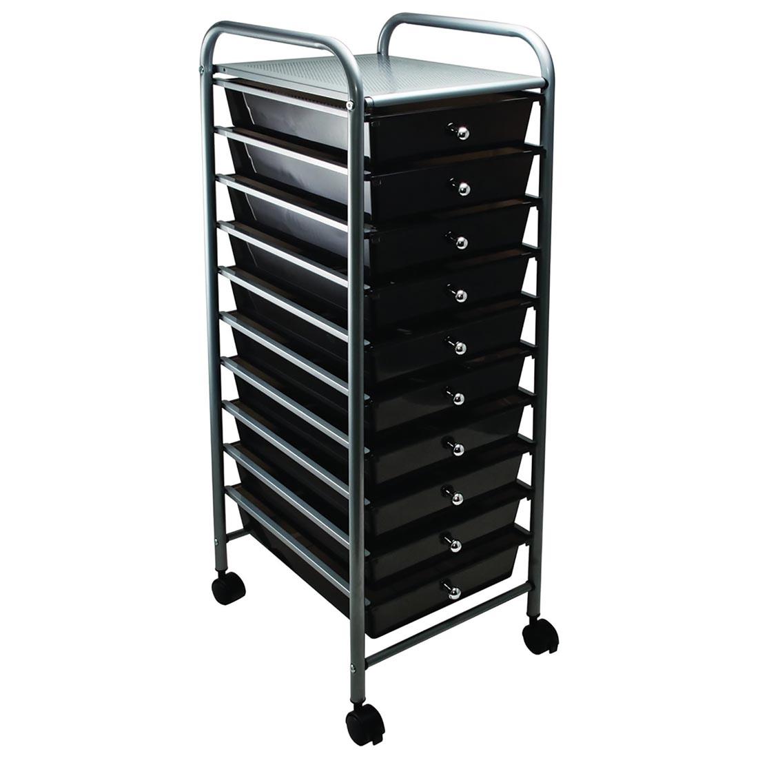 rolling cart with 10 drawers; drawers are smoke gray