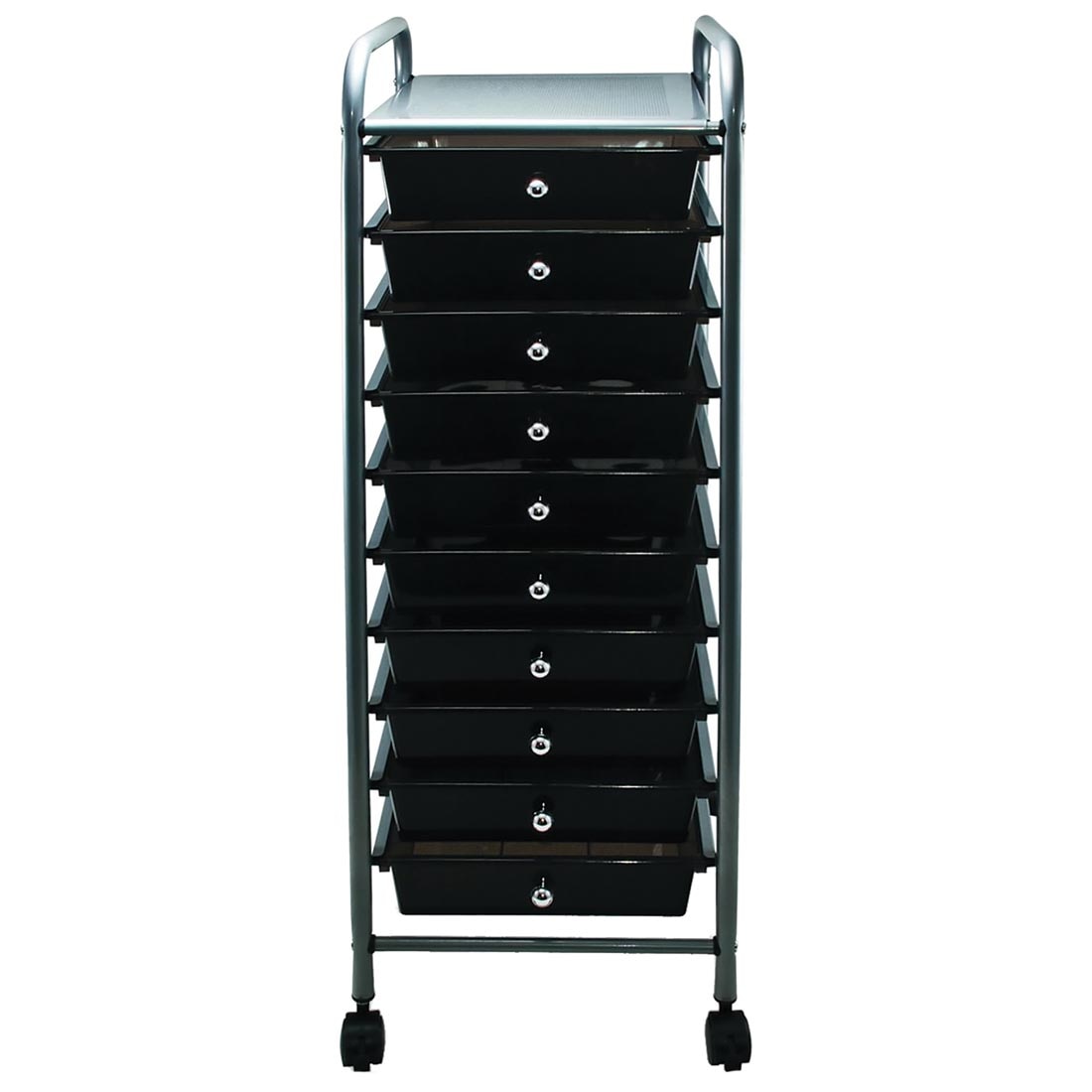 rolling cart with 10 drawers; shown from the front; drawers are smoke gray