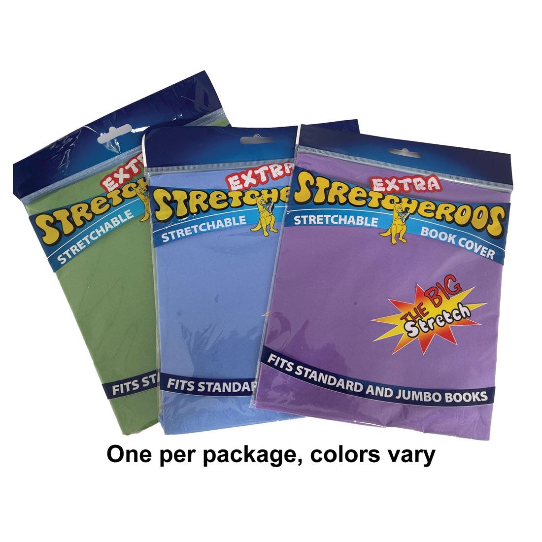 Three packages of Stretcheroos Stretchable Book Cover By Charles Leonard with the text One per package, colors vary