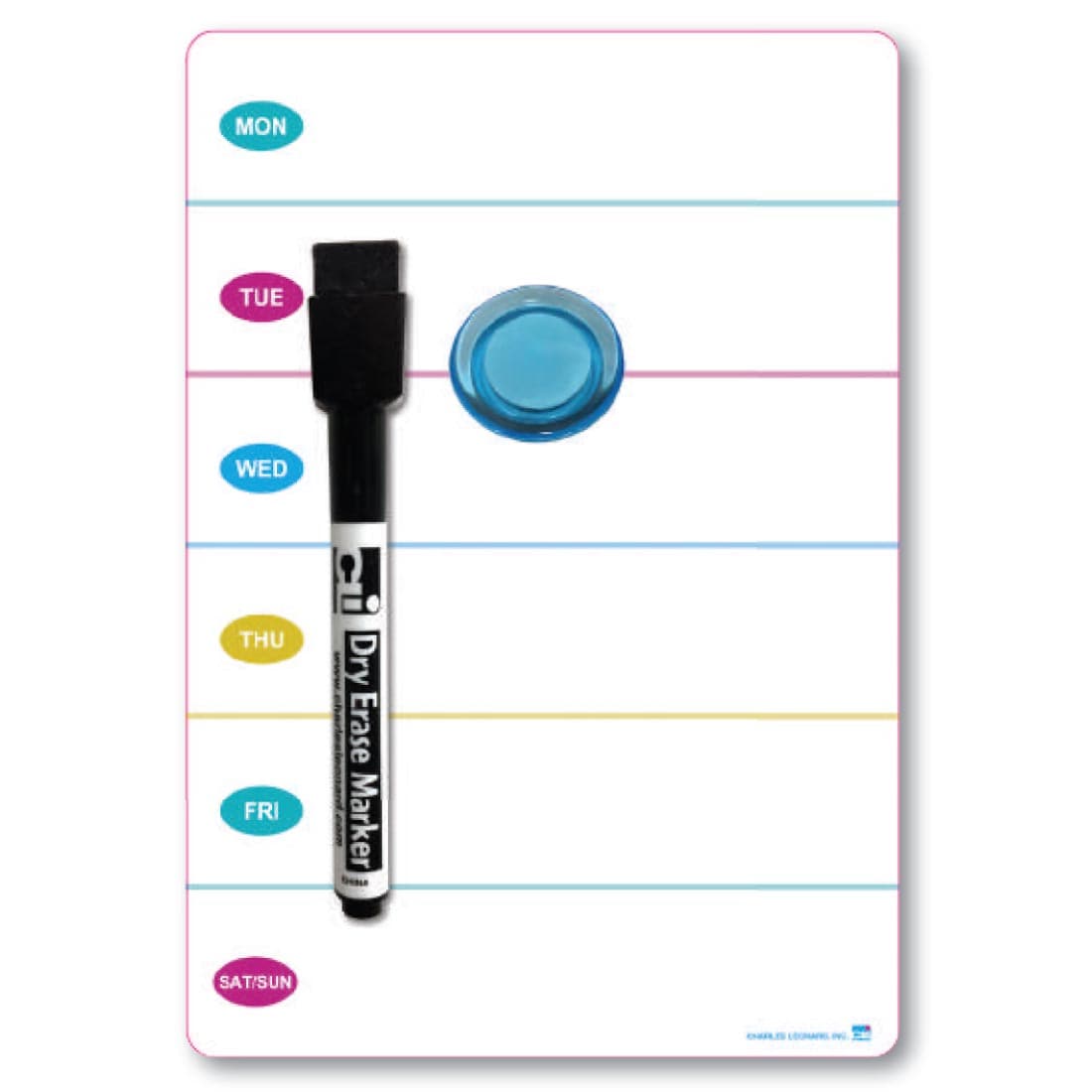 Marker, Circular Magnet and Magnetic Dry Erase Board Planner Printed with the Days of the Week