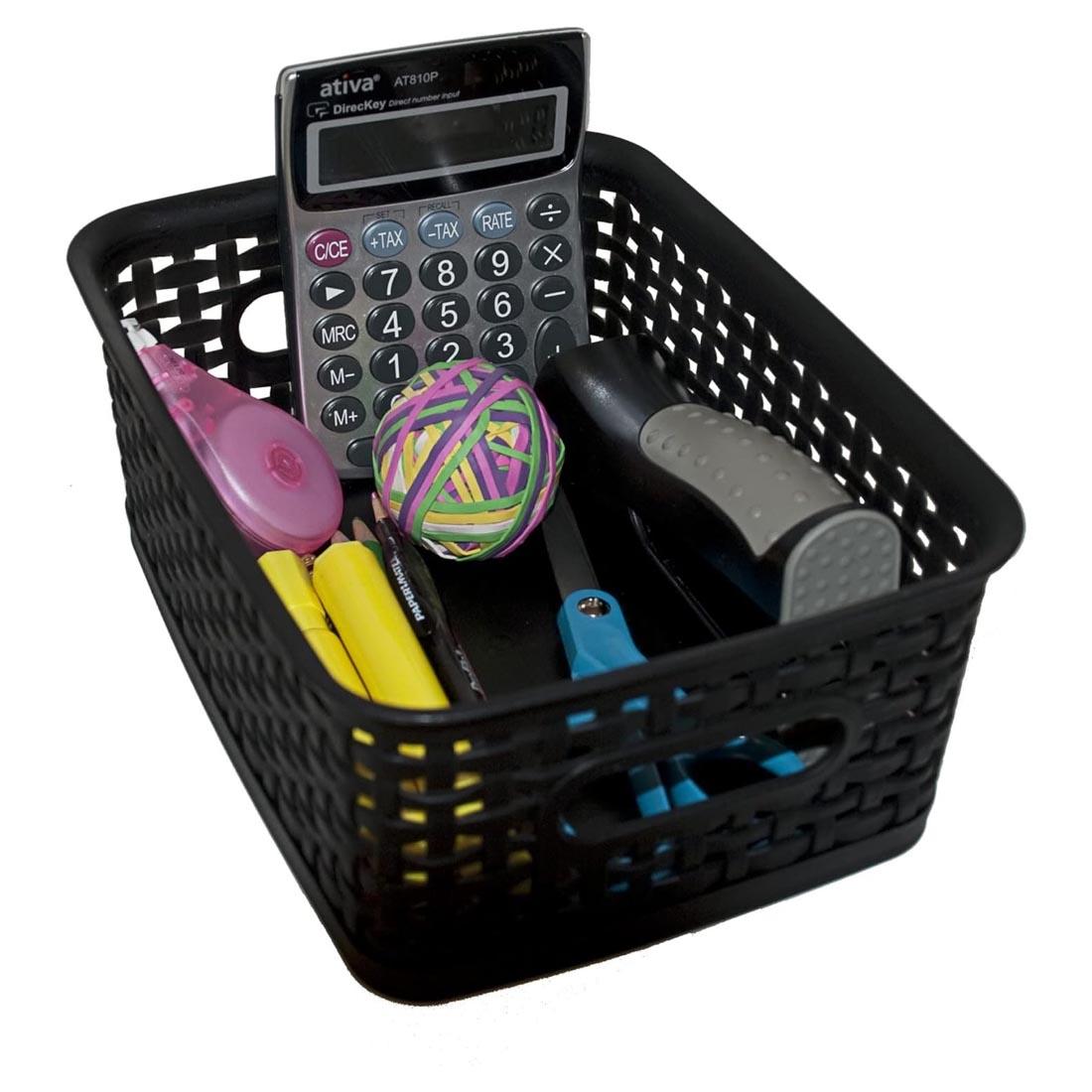 Advantus Weave Small Storage Bin filled with example items