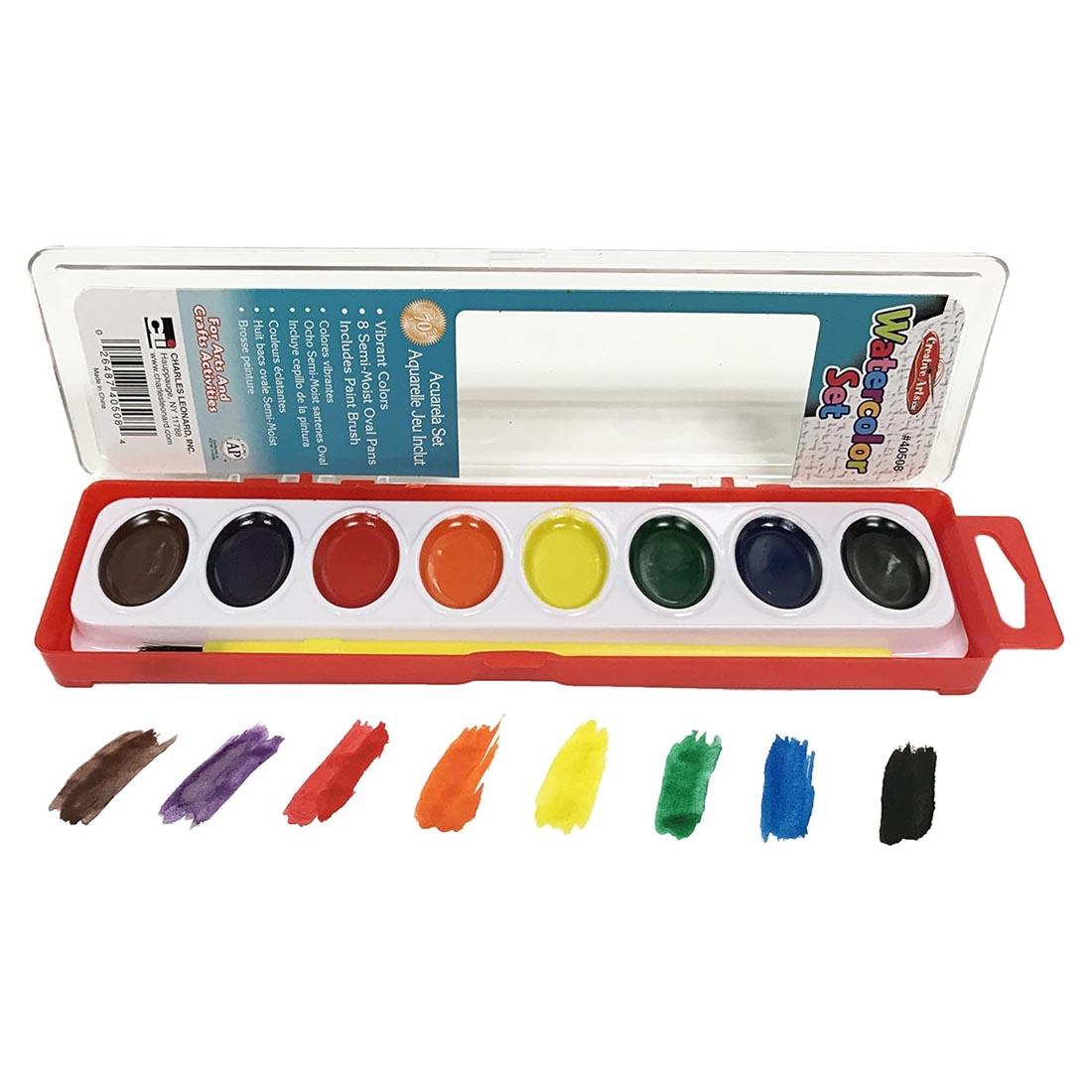 Creative Arts 8-Pan Water Color Set, with lid off and swatches of each color painted below the pans