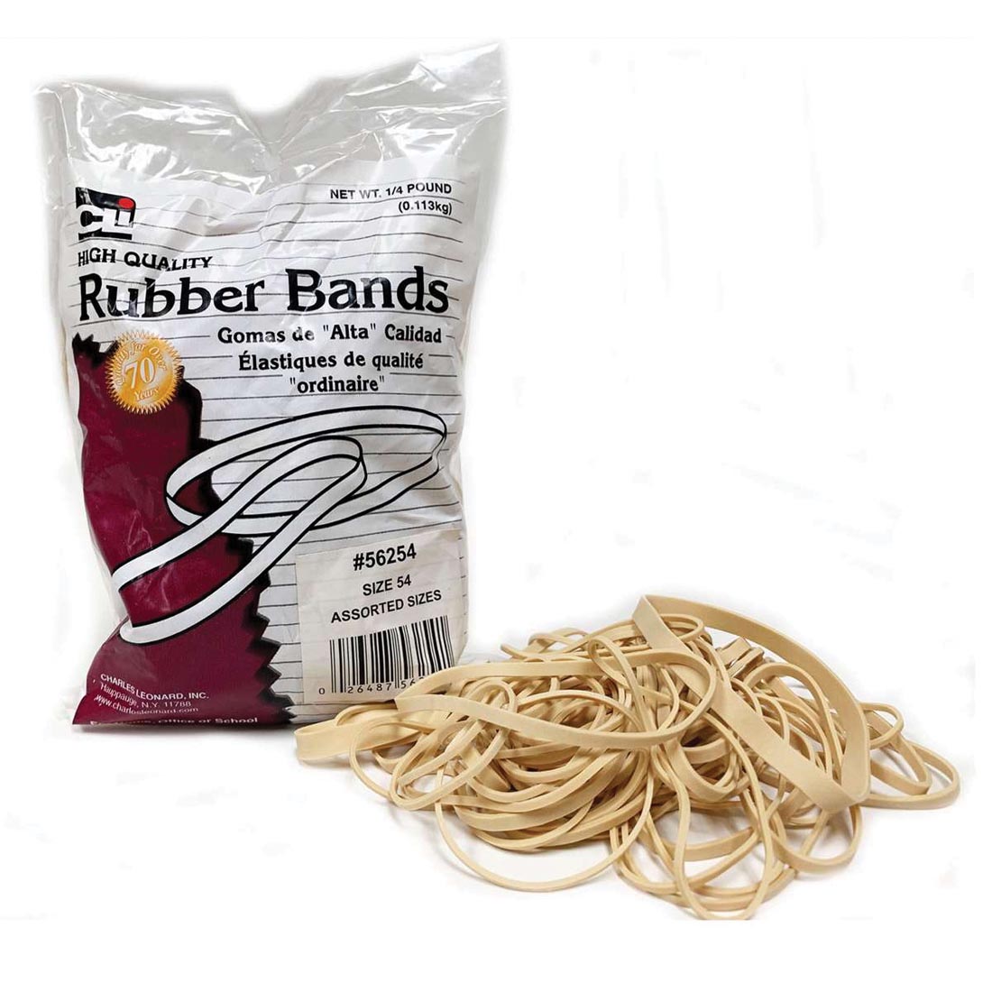 package of 1/4 lb. Assorted Rubber Bands By Charles Leonard with a pile of rubber bands beside it