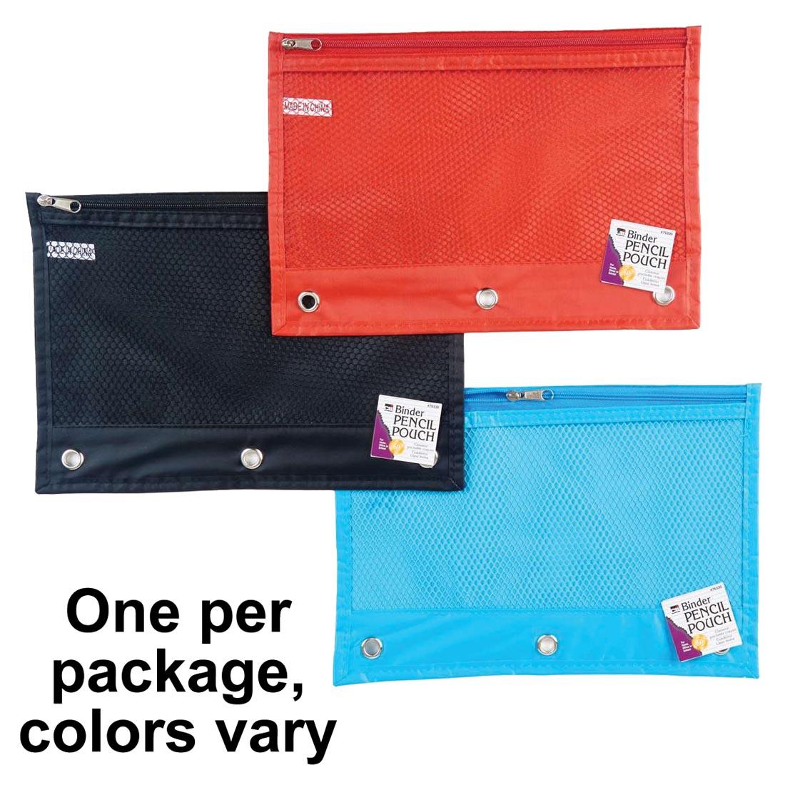 3 Mesh Binder Pencil Pouches By Charles Leonard with the text One per package, colors vary