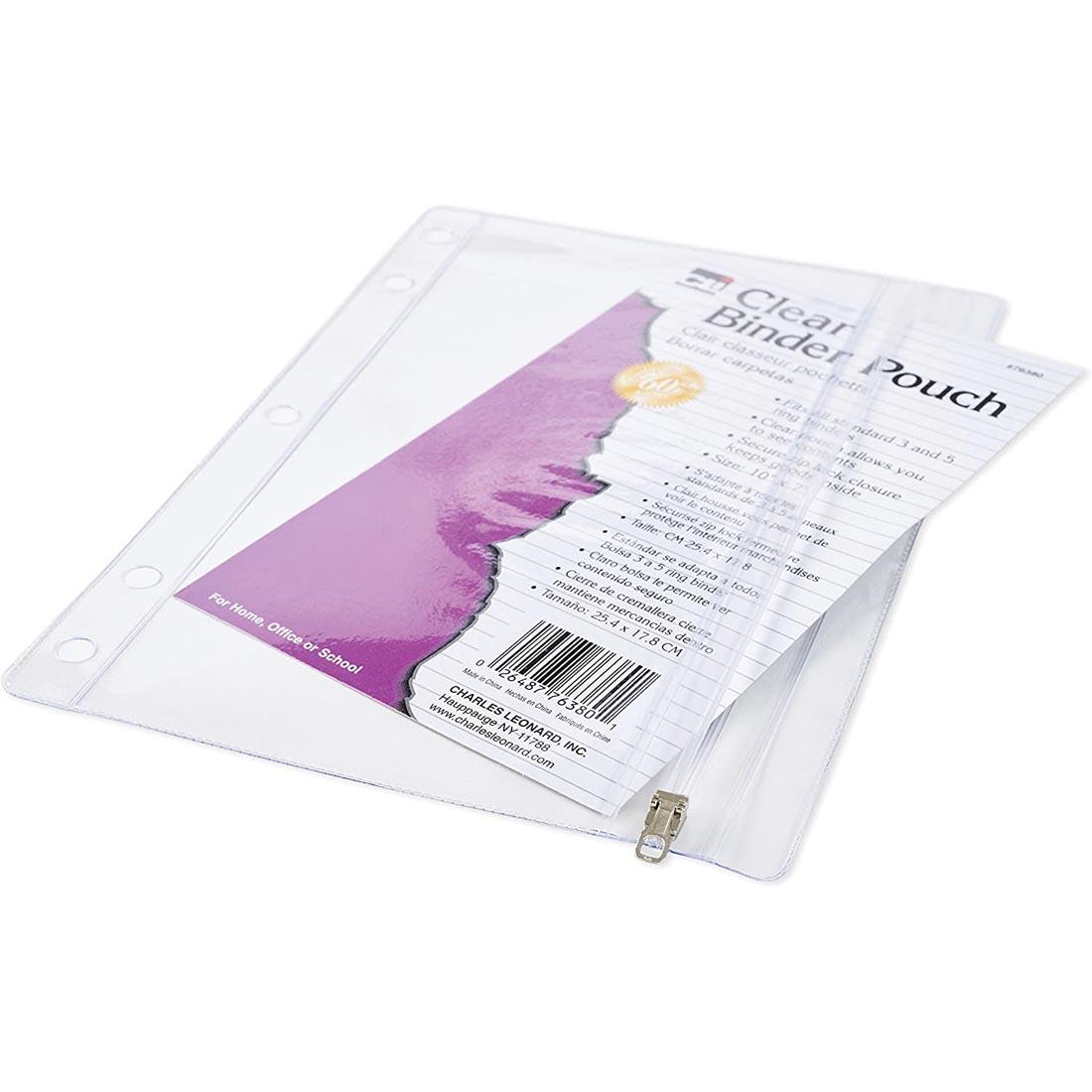 Clear Binder Pouch By Charles Leonard with the info card sticking out of the open zipper