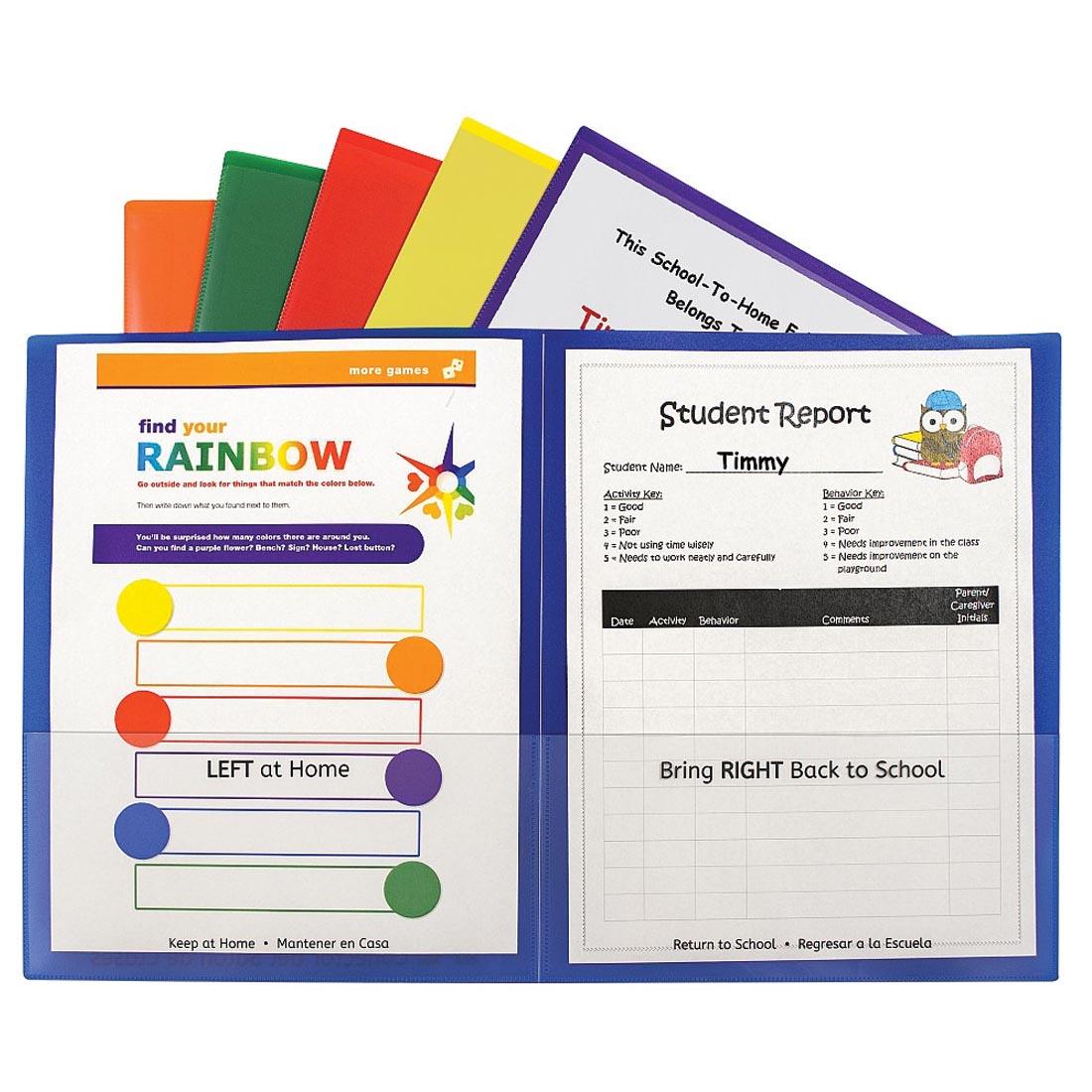 Classroom Connector School-to-Home Folder Assortment has Left At Home on the left pocket and Bring Right Back to School on the right pocket