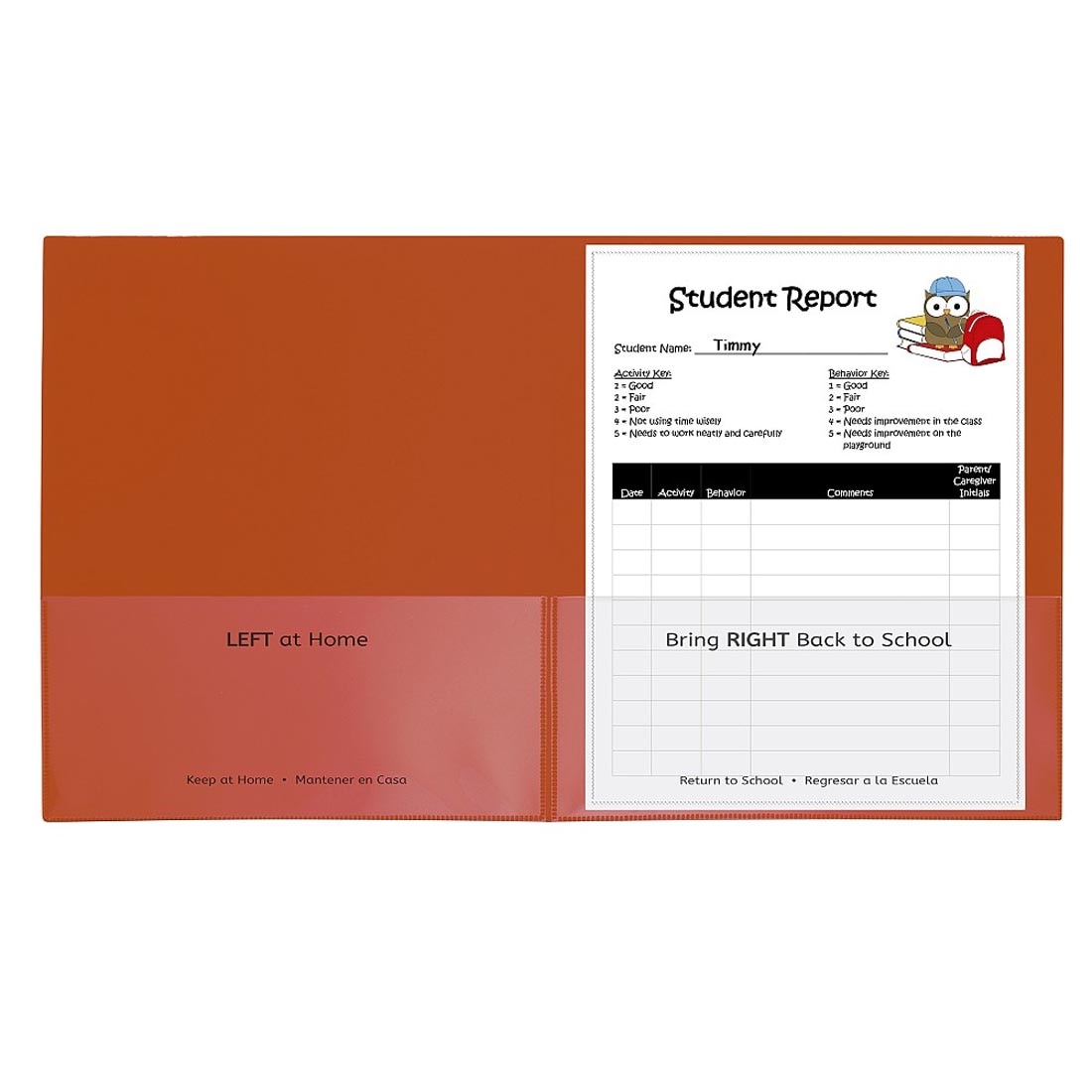 Orange Classroom Connector School-to-Home Folder has Left At Home on the left pocket and Bring Right Back to School on the right pocket