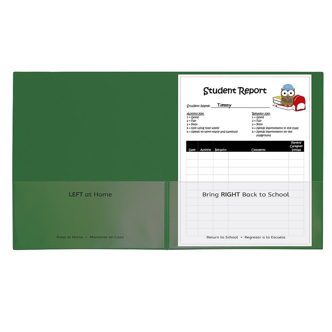 Green Classroom Connector School-to-Home Folder has Left At Home on the left pocket and Bring Right Back to School on the right pocket