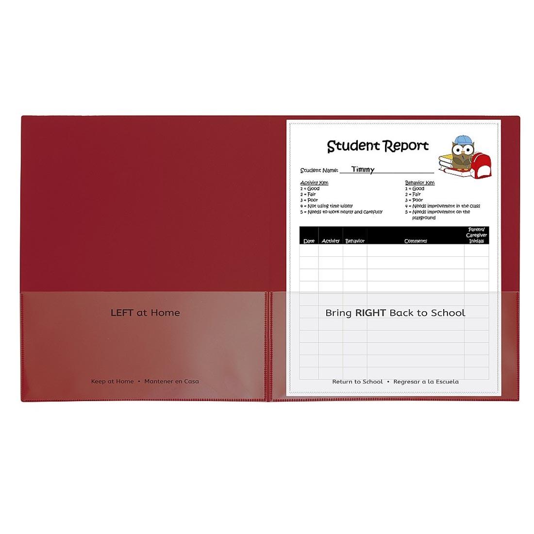 Red Classroom Connector School-to-Home Folder has Left At Home on the left pocket and Bring Right Back to School on the right pocket