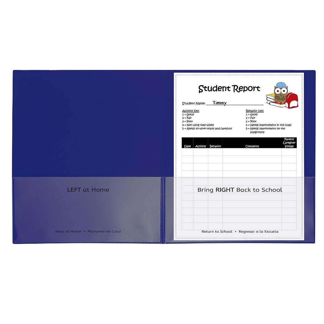 Blue Classroom Connector School-to-Home Folder has Left At Home on the left pocket and Bring Right Back to School on the right pocket