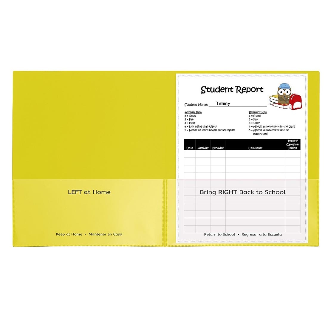 Yellow Classroom Connector School-to-Home Folder has Left At Home on the left pocket and Bring Right Back to School on the right pocket