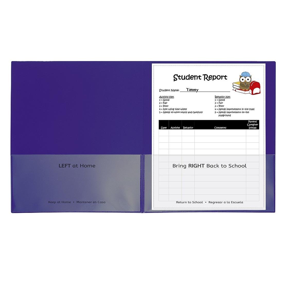 Purple Classroom Connector School-to-Home Folder has Left At Home on the left pocket and Bring Right Back to School on the right pocket