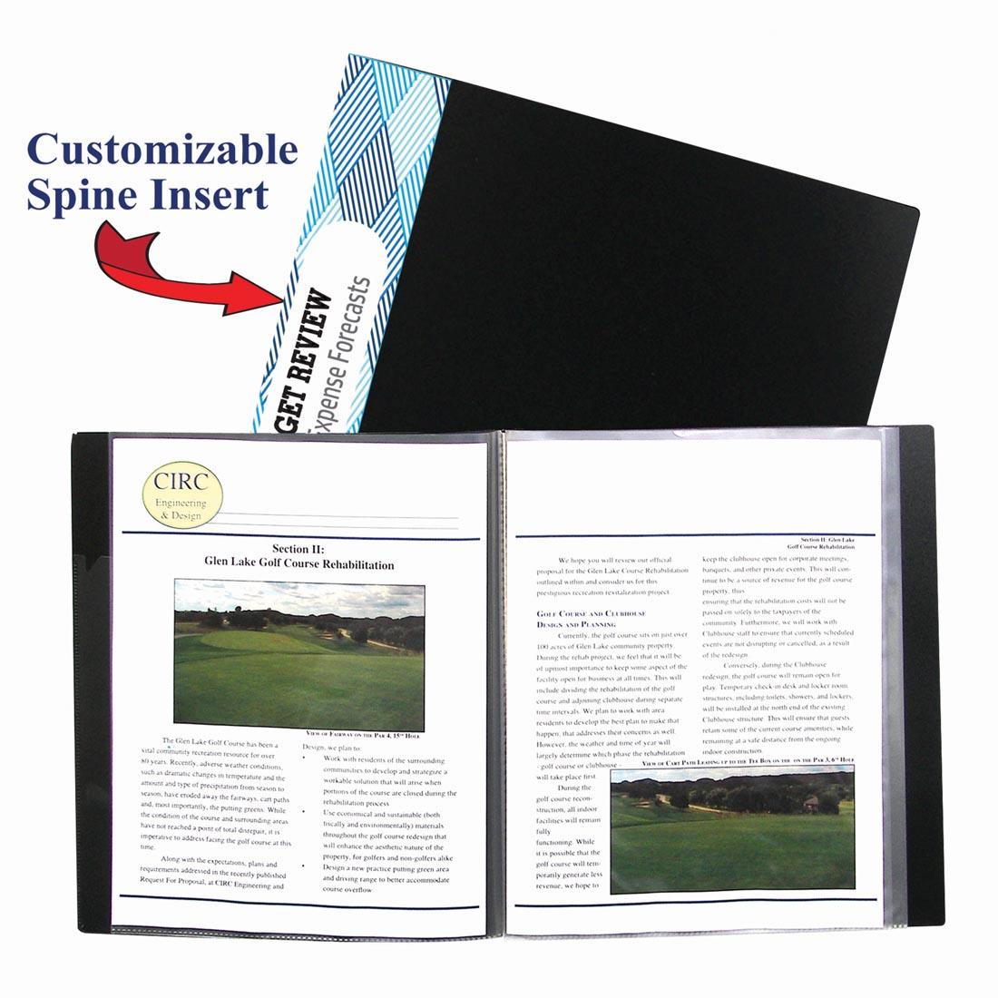 Presentation Book shown open with report inside; inset shows Customizable Spine Insert