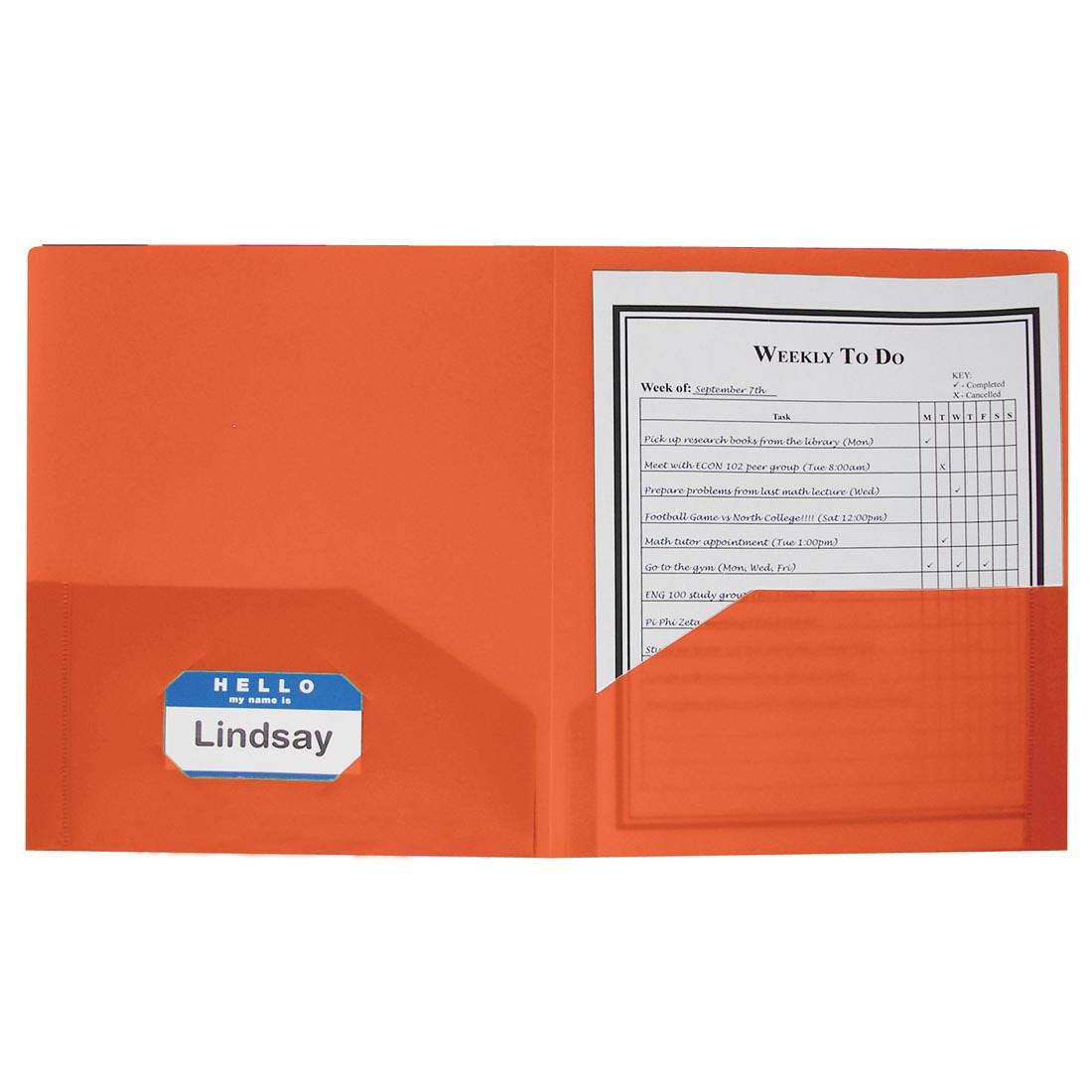 2-Pocket Orange Poly Portfolio with a name tag in the business card holder
