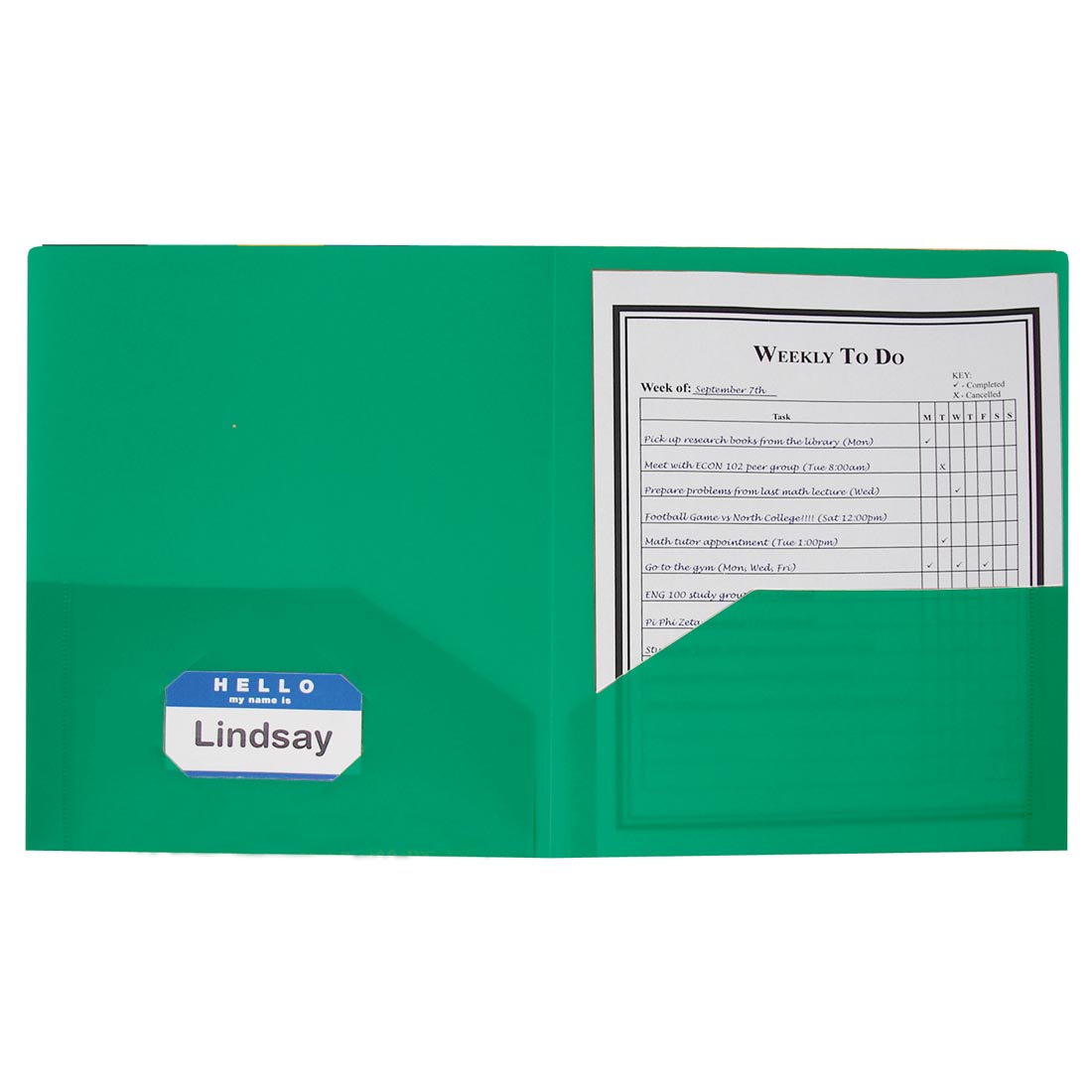 2-Pocket Green Poly Portfolio with a name tag in the business card holder